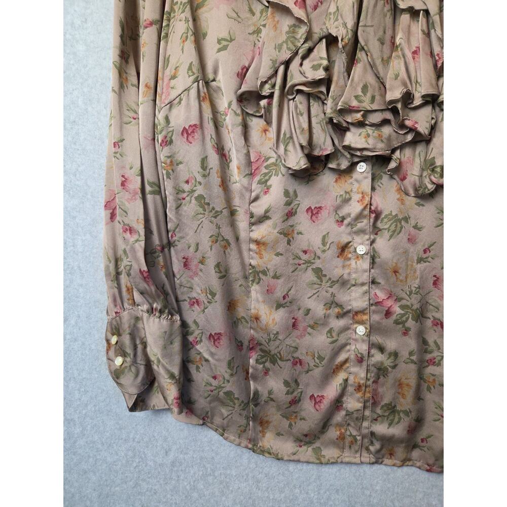 Lauren Ralph Lauren 100% Silk Brown Floral LS Ruffle Jabot Blouse Women Plus 18W - Picture 5 of 11